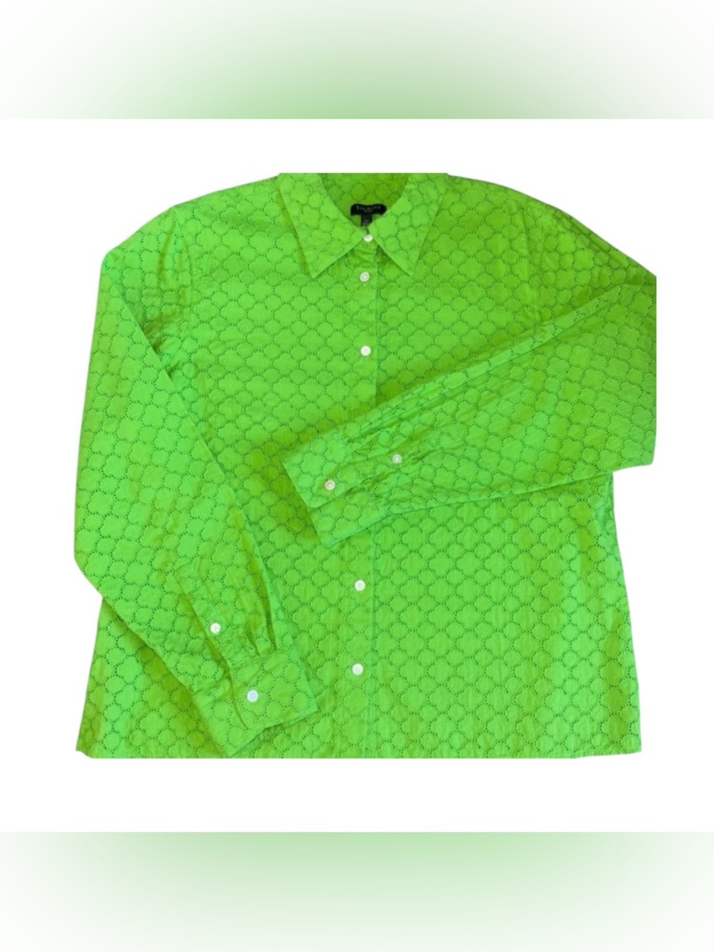 Talbots Green Eyelet Blouse Petite LP Button Front Cotton Women Top